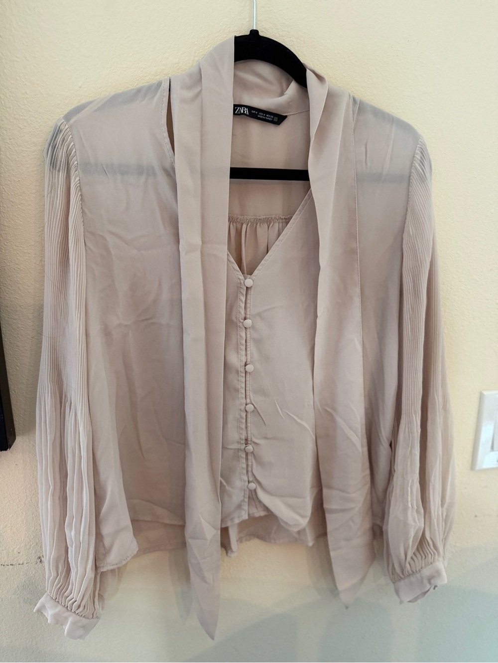 Zara Beige Tie-Neck Pleated Sleeve Blouse
